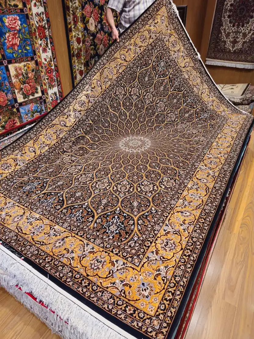 Dark Isfahan carpet PRR-HM-006 with radial lattice and ochre gold floral border