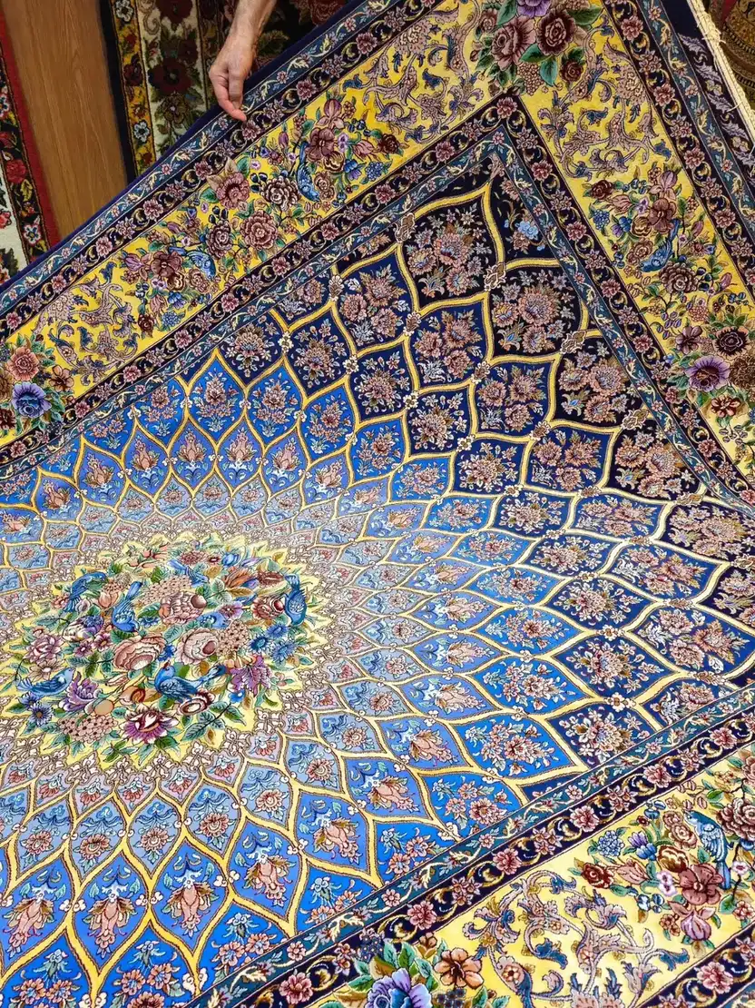 Wide view of blue starburst Isfahan hand-knotted carpet PRR-HM-007