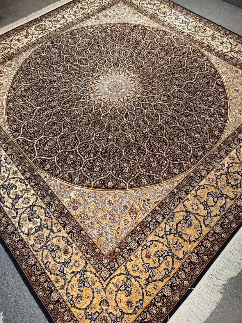 Angled full view of 300 by 300 cm Nain wool and silk carpet PRR-HM-008