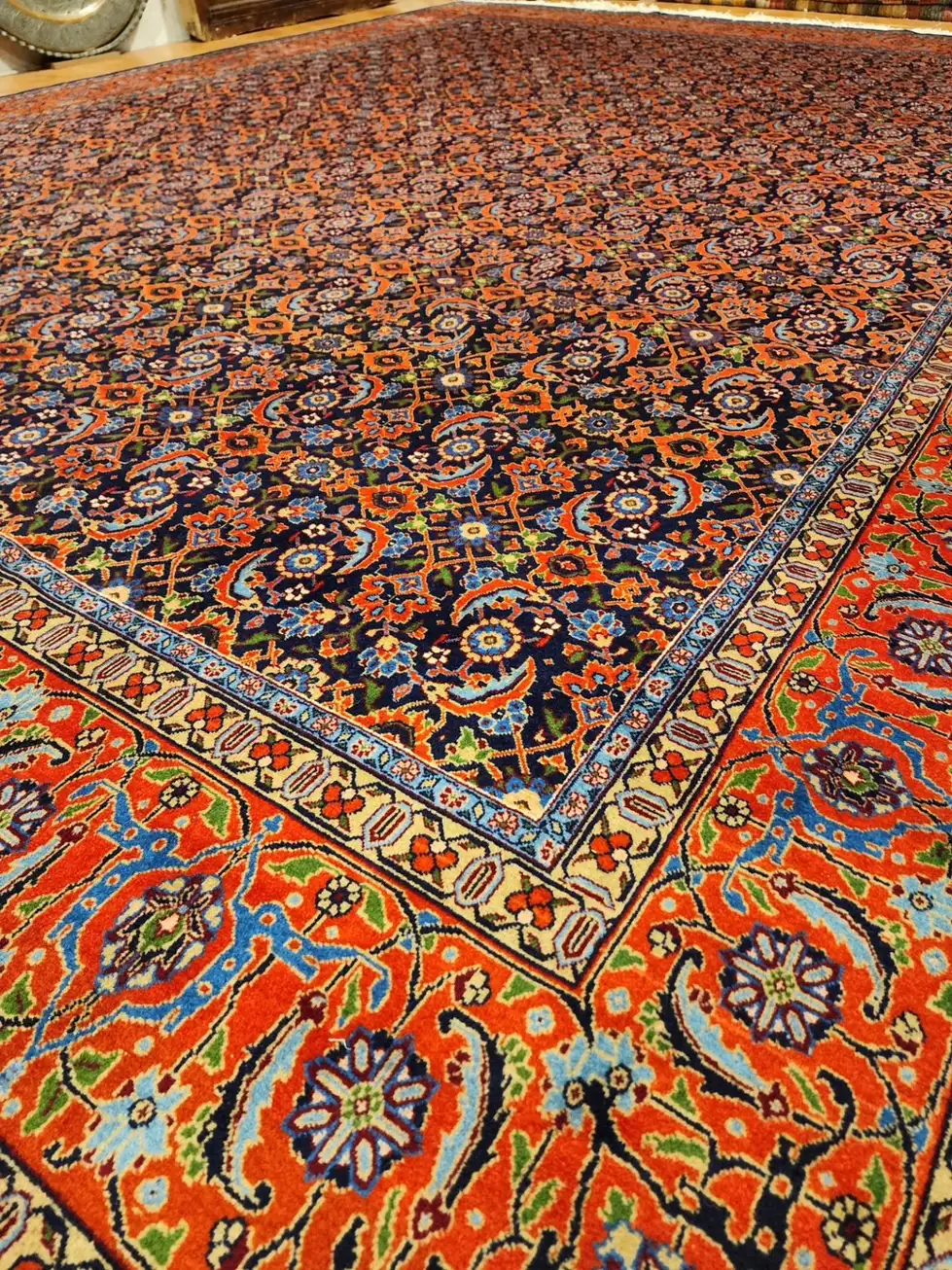 Detail of repeating Herati Mahi pattern and terracotta border on PRR-HM-012