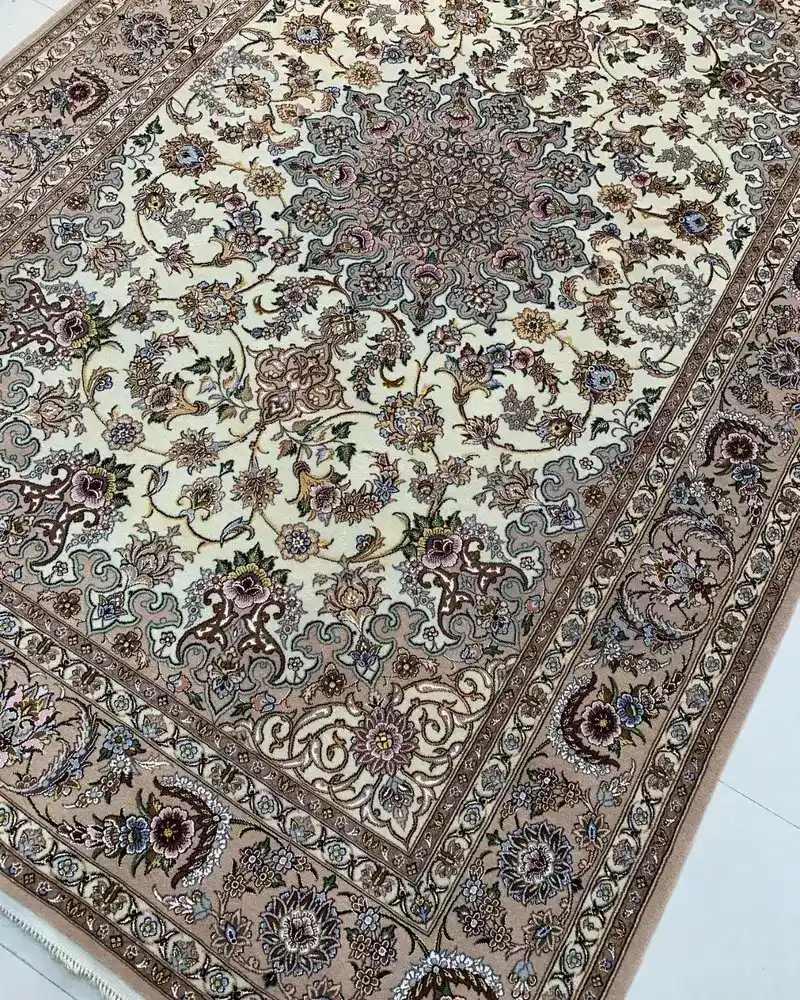 Isfahan Persian Handmade Carpet Pair — Cream Silver Floral Medallion