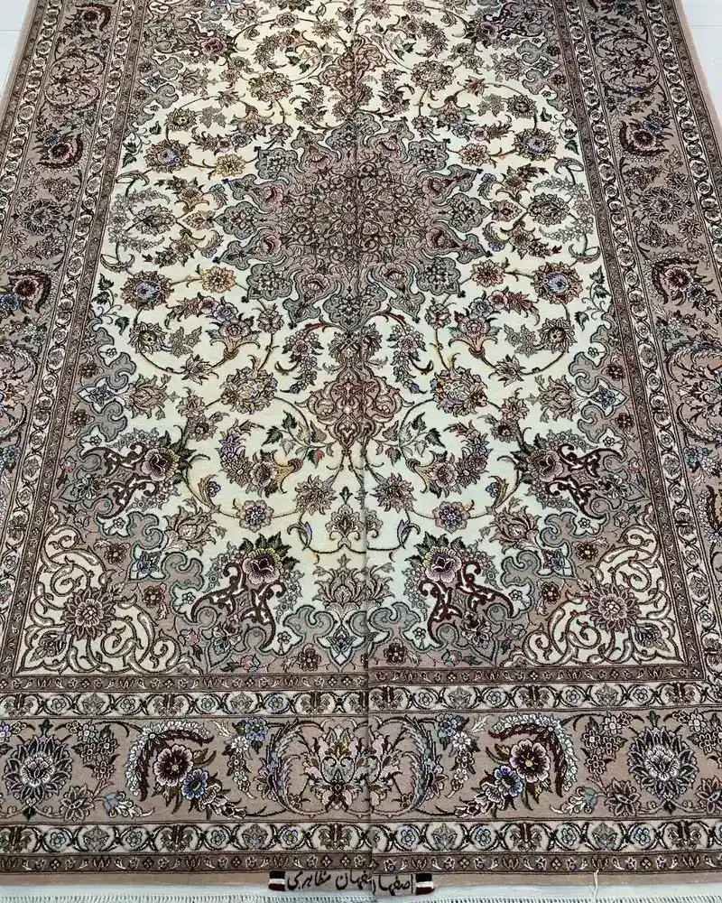 Isfahan Persian Handmade Carpet Pair — Cream Silver Floral Medallion