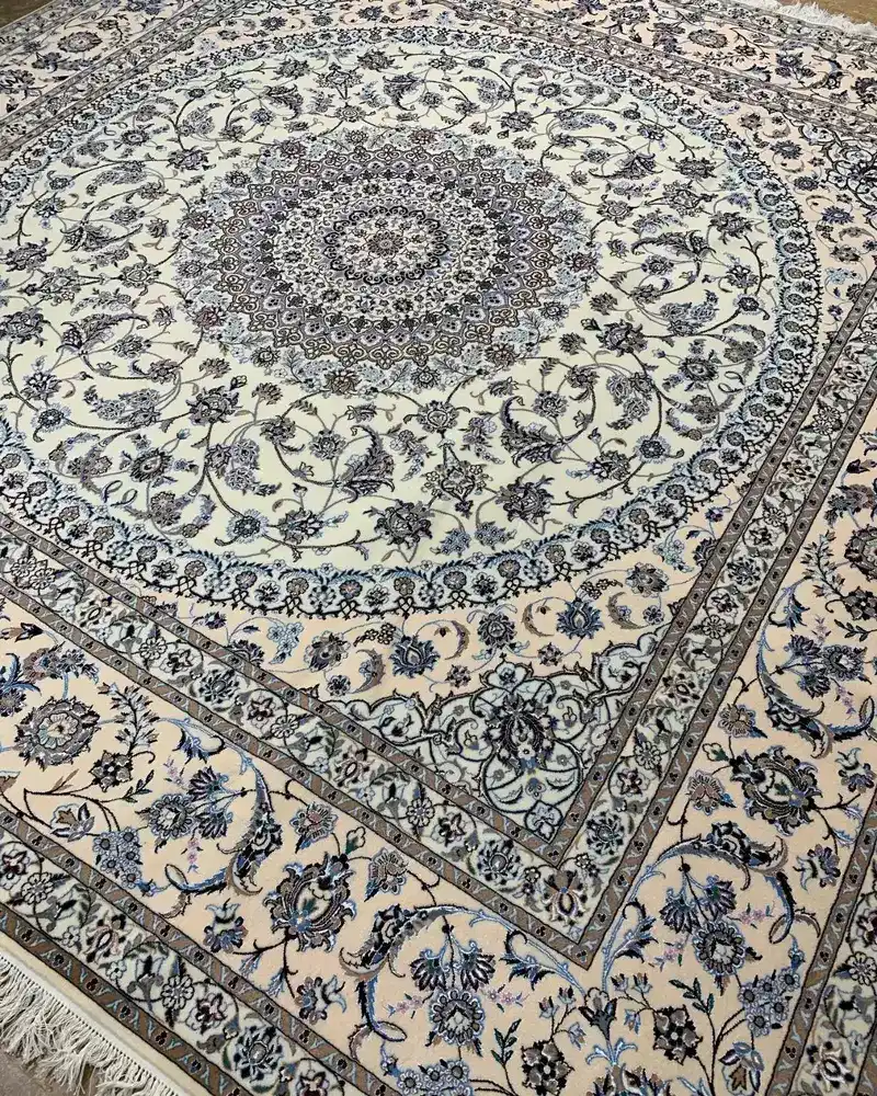 Isfahan Persian Handmade Carpet — Ivory Circular Rosette Medallion — 300 × 308 cm — image 2