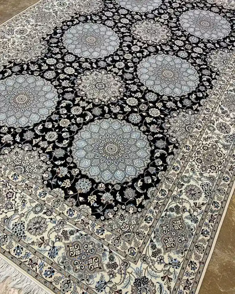 Isfahan Persian Handmade Carpet Pair — Midnight Six-Rosette Floral Medallion