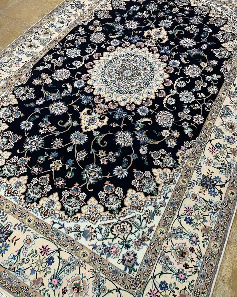 Isfahan Persian Handmade Carpet Pair — Midnight Floral Medallion