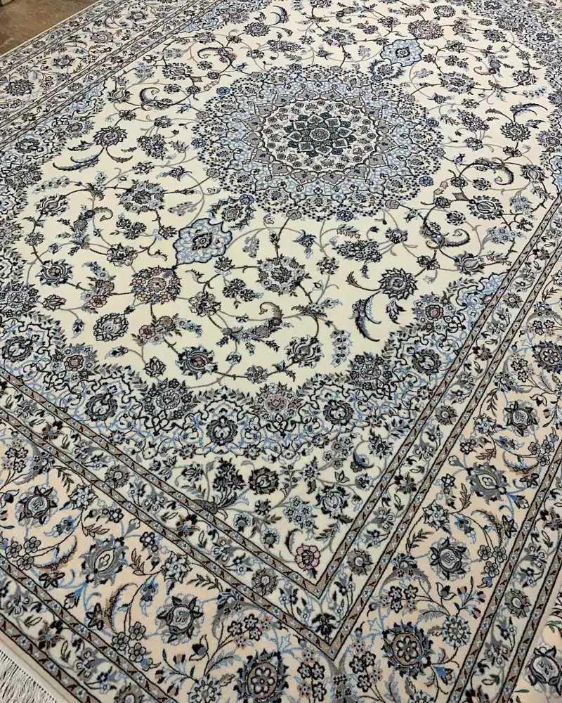 Isfahan Persian Handmade Carpet Pair — Ivory Azure Grand Rosette Medallion