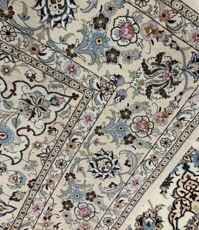 Isfahan Persian Handmade Carpet Pair — Ivory Rose Blue Arabesque Medallion