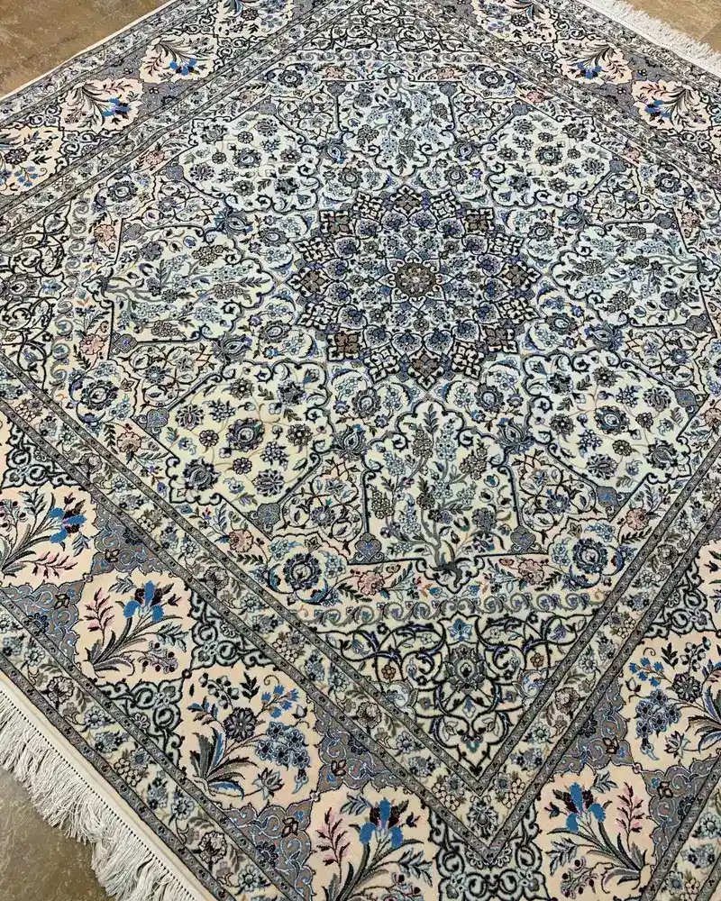 Isfahan Persian Handmade Carpet Pair — Ivory Sapphire Layered Floral Medallion