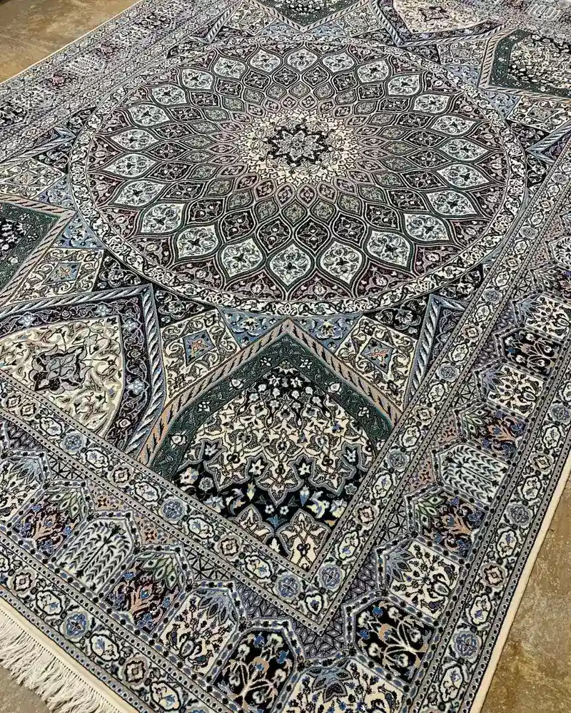 Isfahan Persian Handmade Carpet — Midnight Emerald Gonbad Radial Medallion — 250 × 344 cm — angle view