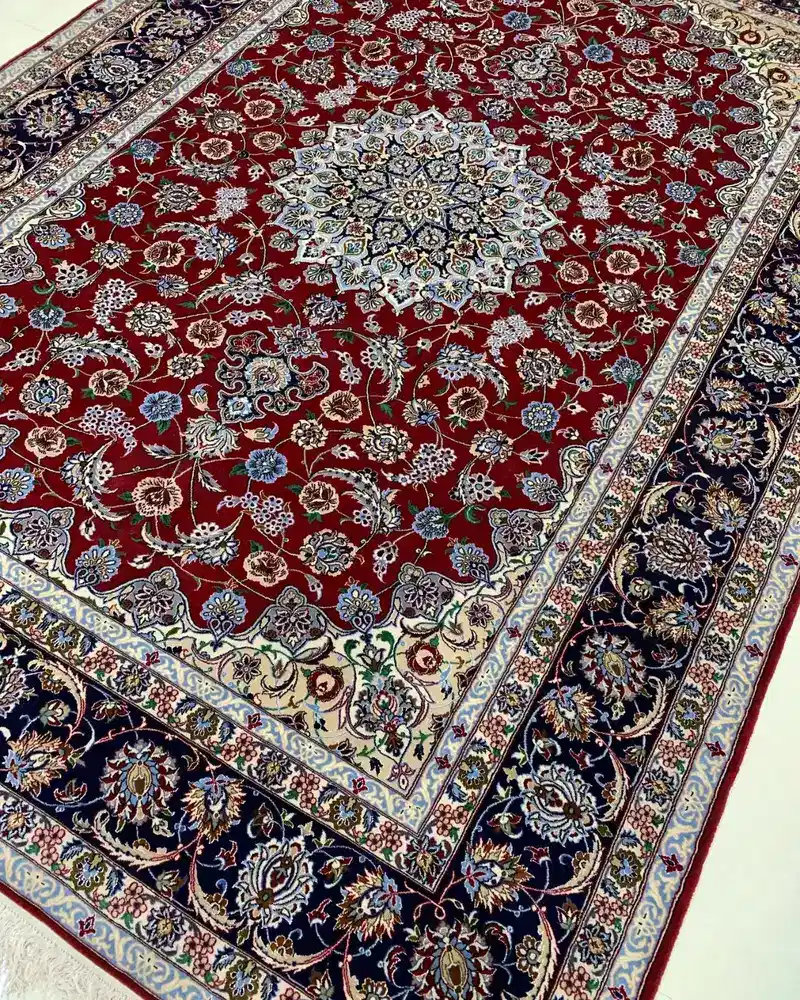 Isfahan Persian Handmade Carpet Pair — Lacquer Red Ivory Floral Medallion