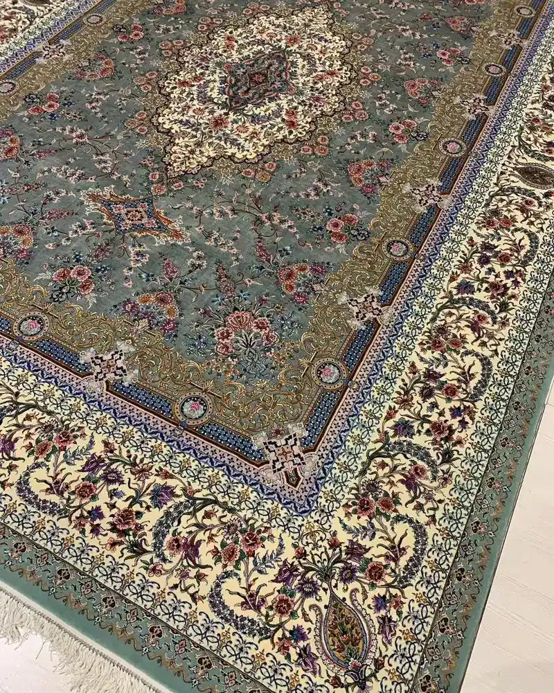 Isfahan Persian Handmade Carpet Pair — Silver Sage Grand Floral Medallion