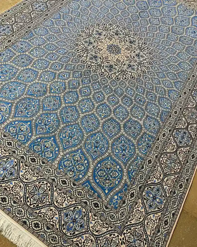 Isfahan Persian Handmade Carpet Pair — Azure Gonbad Radial Medallion