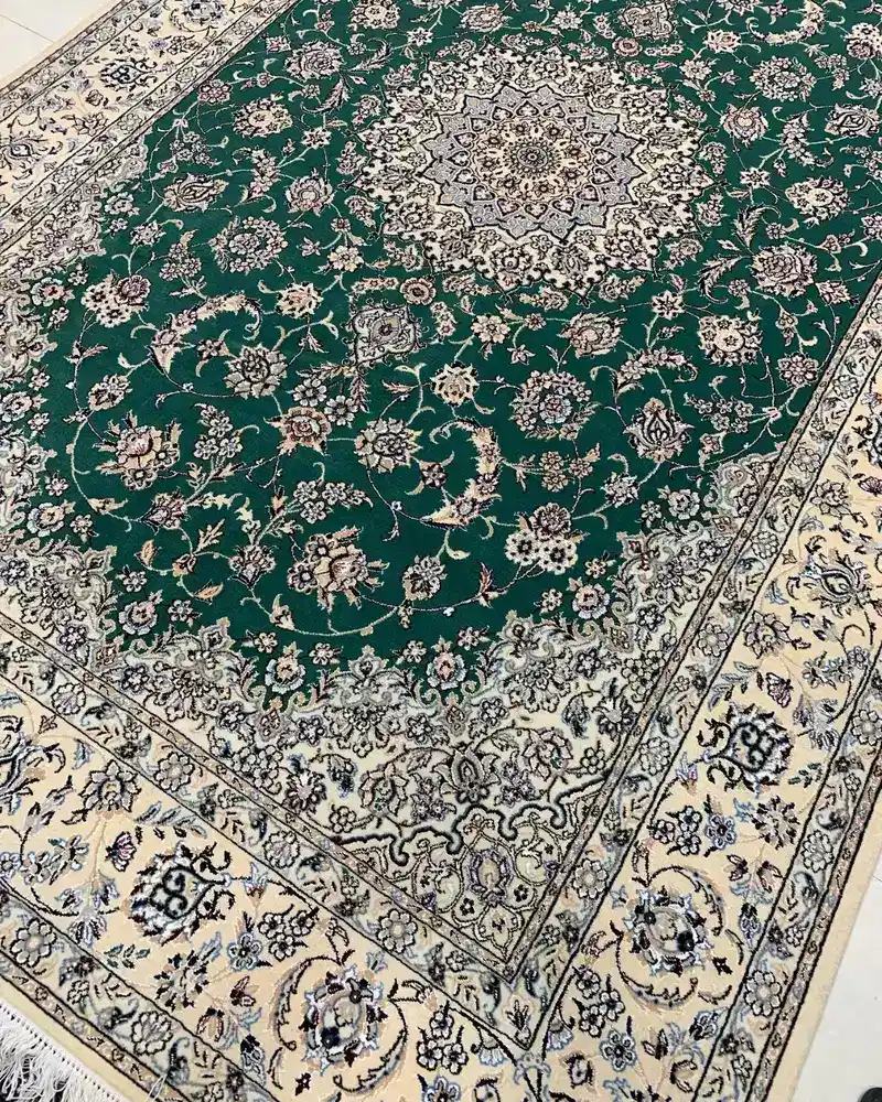 Isfahan Persian Handmade Carpet Pair — Emerald Green Ivory Floral Medallion