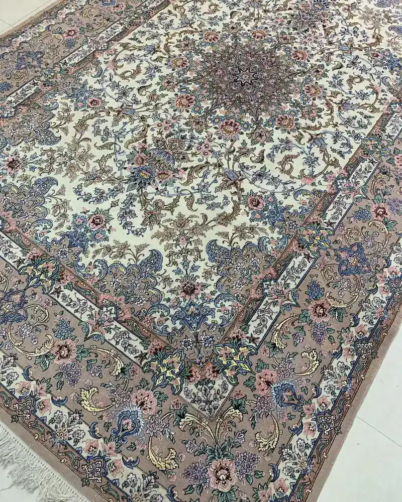 Isfahan Persian Handmade Carpet Pair — Ivory Blush Arabesque Medallion
