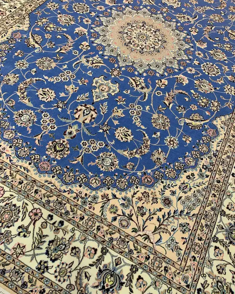 Isfahan Persian Handmade Carpet Pair — Cornflower Blue Floral Medallion