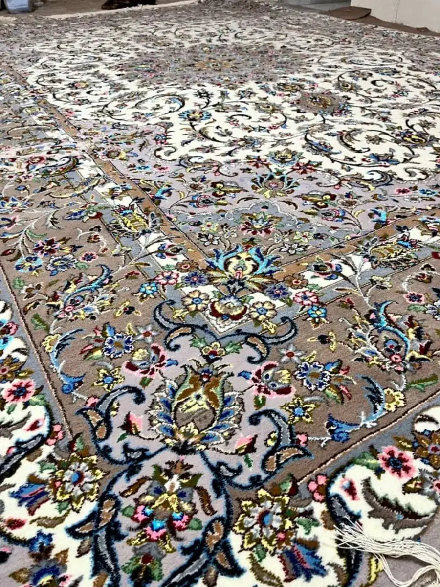 Verified close detail of silk floral motifs and fine drawing on Sacred Lachak Toranj Kashan carpet PRR-KH-027