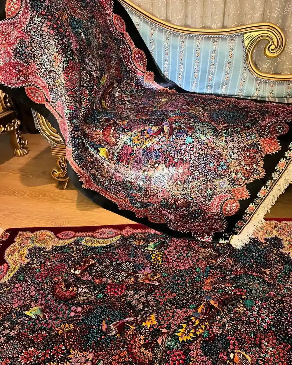 Royal Symphony of Songbirds handmade Qom pure silk carpet featuring the Persian Tree of Life with colourful songbirds — detail 1