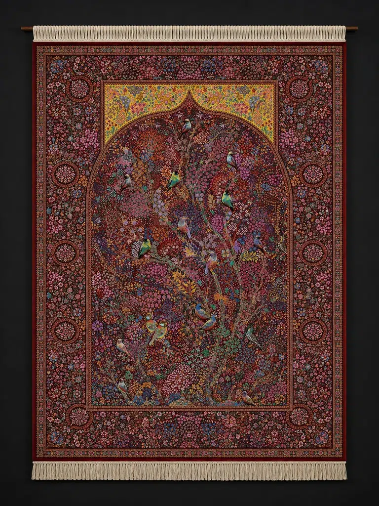 Qom Pure Silk Handmade Carpet — Bird Pavilion — 100 × 150 cm — PRR-PS-009 — 1