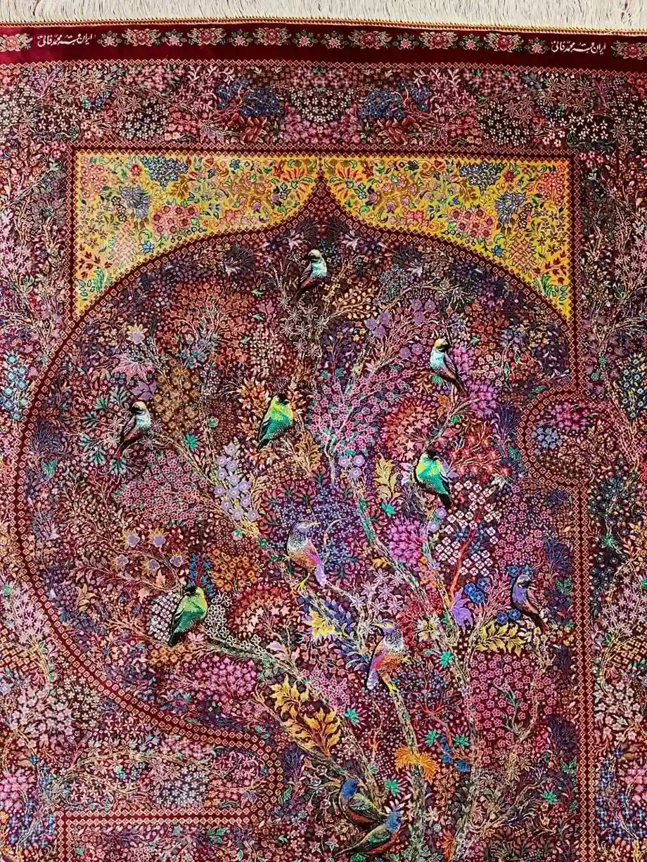 Qom Pure Silk Handmade Carpet — Bird Pavilion — 100 × 150 cm — PRR-PS-009 — 3