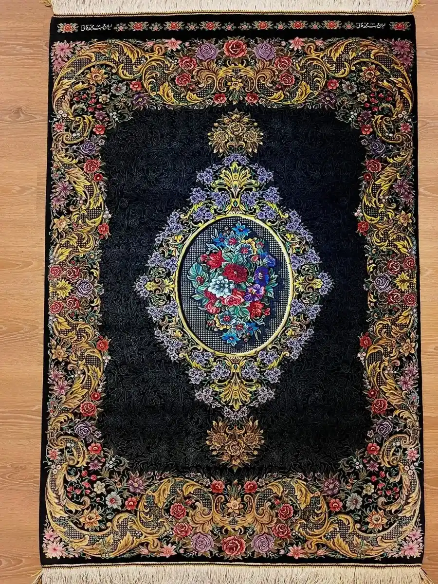Ghom Hand-Knotted Persian Silk Rugs — Bouquet Medallion — 100 × 150 cm — PRR-PS-014 — 3