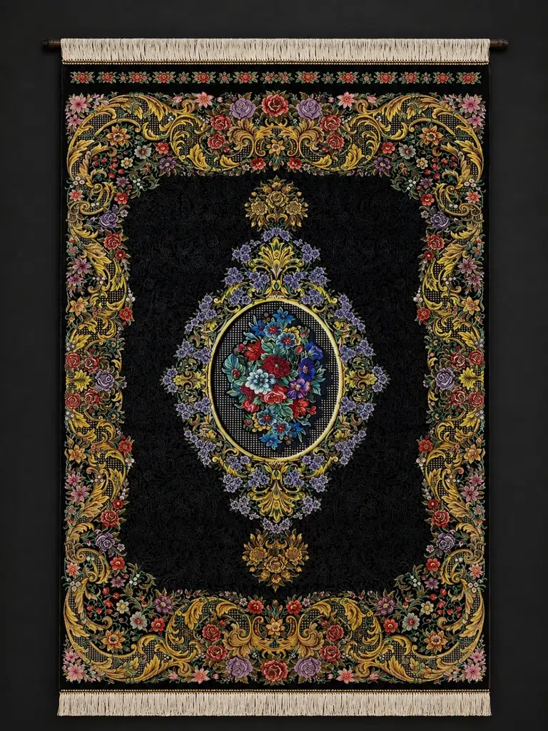 Ghom Hand-Knotted Persian Silk Rugs — Bouquet Medallion — 100 × 150 cm — PRR-PS-014 — 1