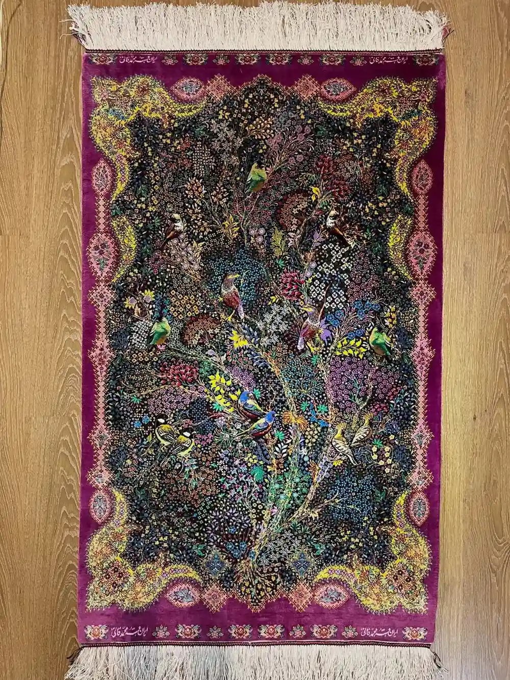 Qom Persian Silk Hand-Knotted Carpet — Crimson Aviary — 80 × 120 cm — PRR-PS-017 — 1
