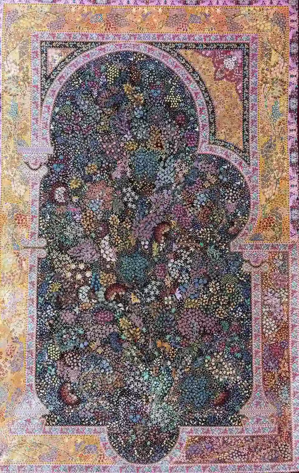 Golden Portal Garden handmade Qom pure silk carpet with a Mehrabi Tree of Life and colourful patchwork garden border — additional image 1