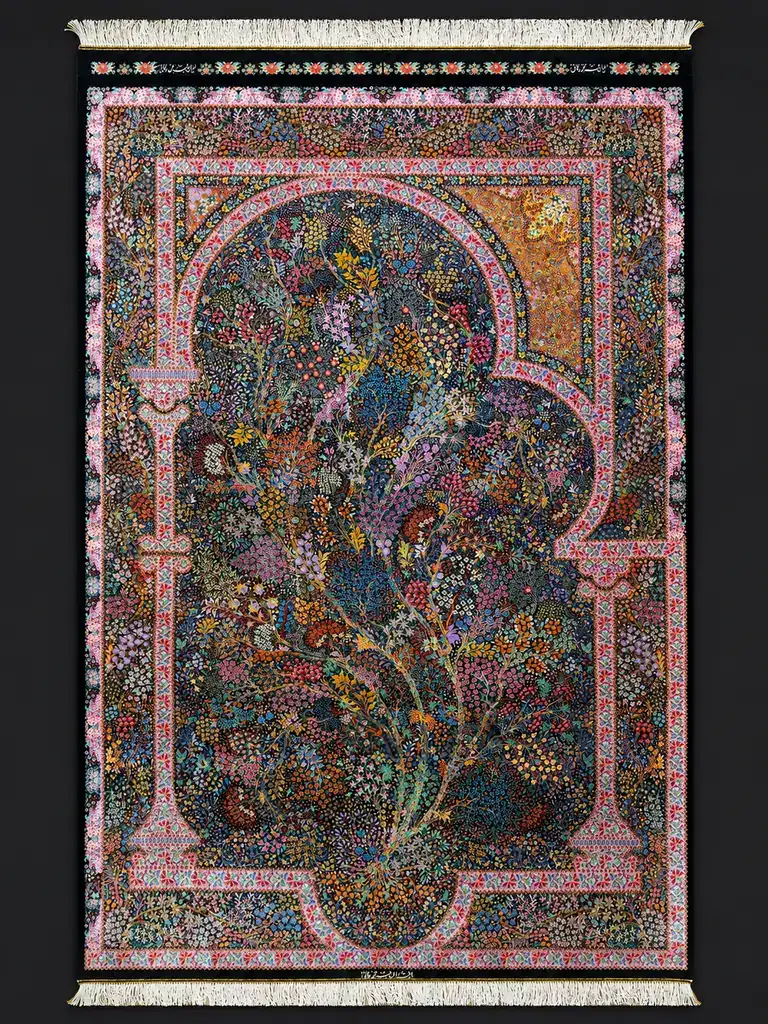 Rosewood Portal of Blossoms handmade Qom pure silk carpet with a monumental Tree of Life and floral mosaic border