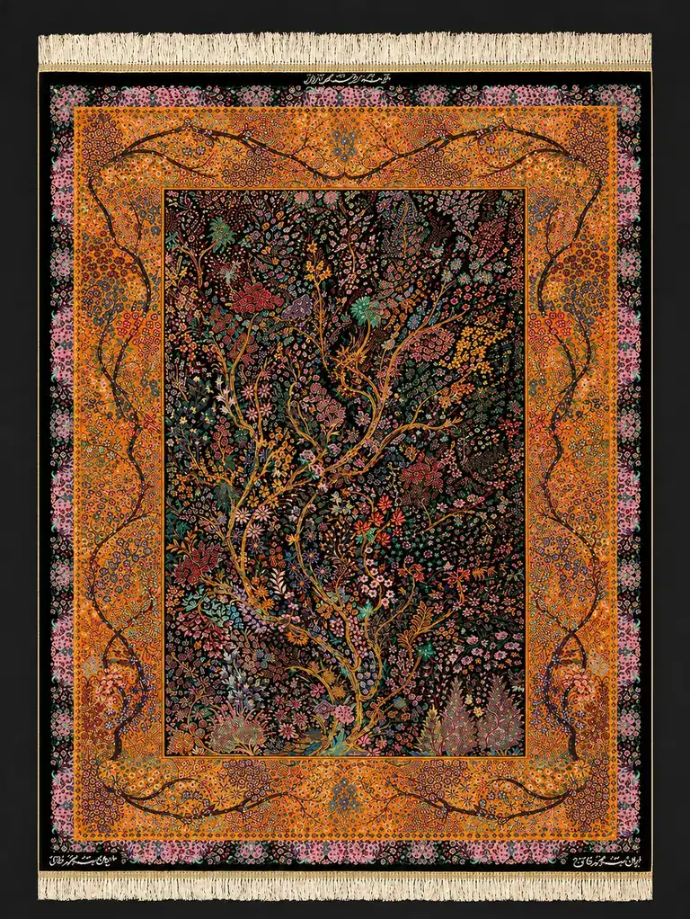 Amber Tree of Blossoms handmade Qom pure silk carpet with a flowering Tree of Life and warm amber garden border
