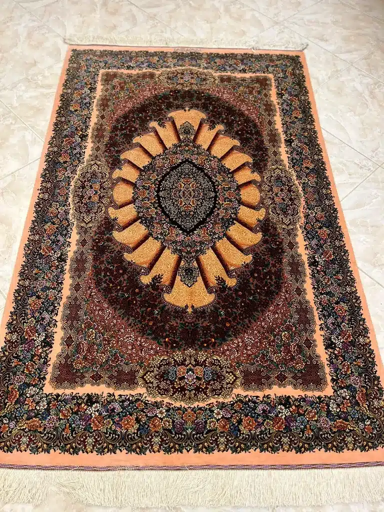 Ivory Fan of Roses handmade Qom pure silk carpet with fan medallion and floral garlands