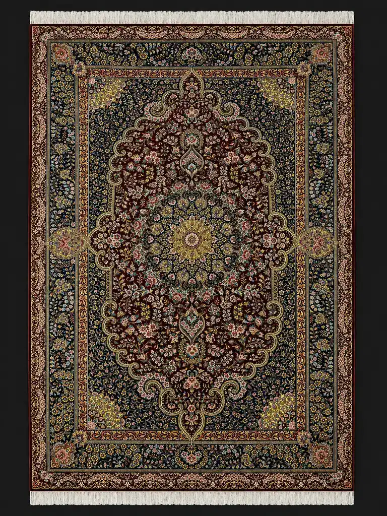Burgundy Garden Pavilion handmade Qom pure silk carpet with floral medallion and arabesques