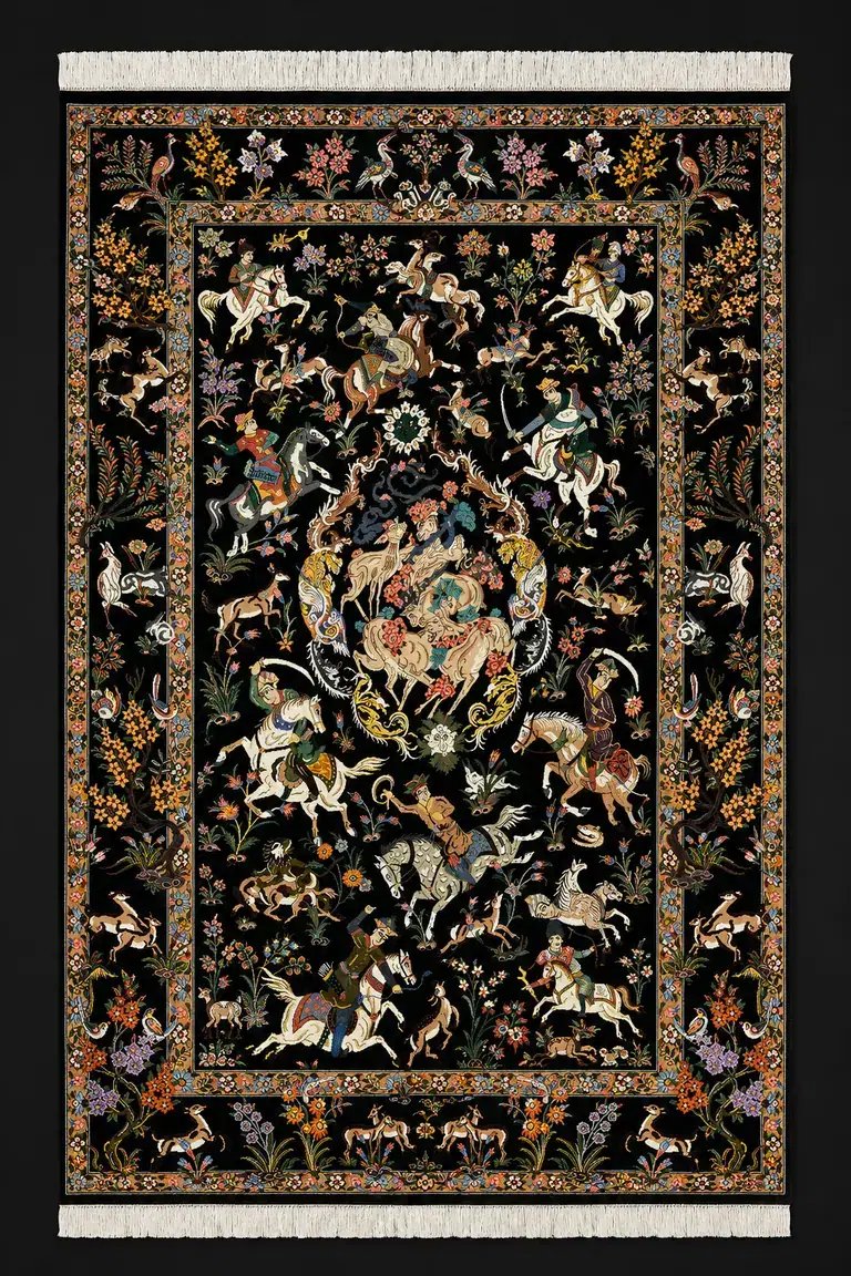 Midnight Royal Hunt handmade Qom pure silk pictorial carpet with riders and animals