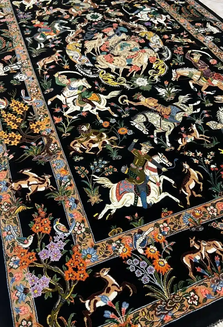 Midnight Royal Hunt handmade Qom pure silk pictorial carpet with riders and animals