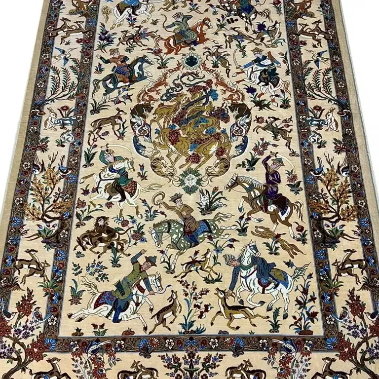 Ivory Royal Hunt handmade Qom pure silk pictorial carpet with riders and animals