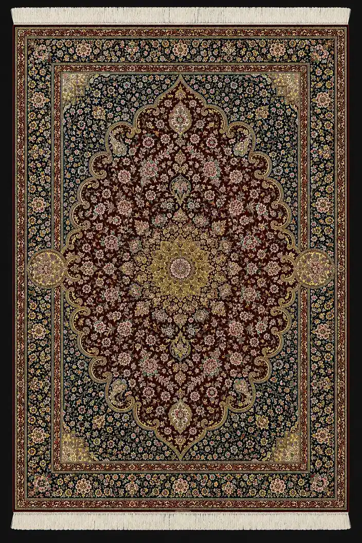 Burgundy Pavilion Grandeur handmade Qom pure silk carpet featuring a grand burgundy field, radiant floral rosette and richly layered Shah Abbasi borders
