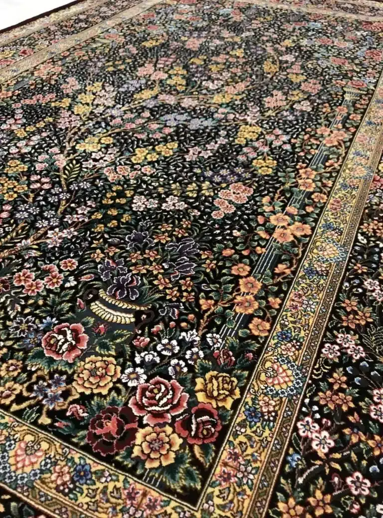 Midnight Rosewood Garden handmade Qom pure silk carpet featuring an abundant all-over garden of roses, flowering branches and elegant architectural border details