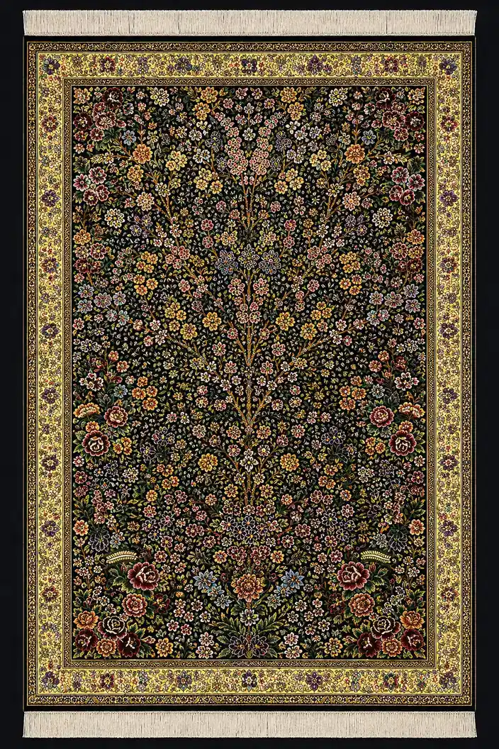 Midnight Blossom Canopy handmade Qom pure silk carpet featuring a dense flowering canopy of roses, blossoms and branching vines rendered against a luminous black silk field