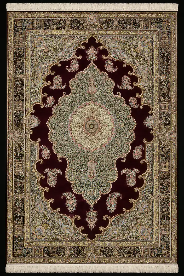 Burgundy Palace Grandeur handmade Qom pure silk carpet featuring a six-square-metre palace-scale medallion carpet with sweeping burgundy corners, garden motifs and architectural detailing