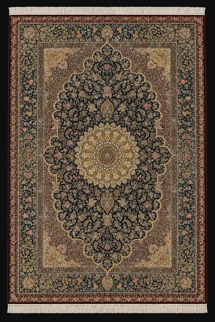 Midnight Grand Rosette handmade Qom pure silk carpet featuring a majestic six-square-metre scalloped medallion surrounded by a lavish Shah Abbasi floral garden and multi-layered borders