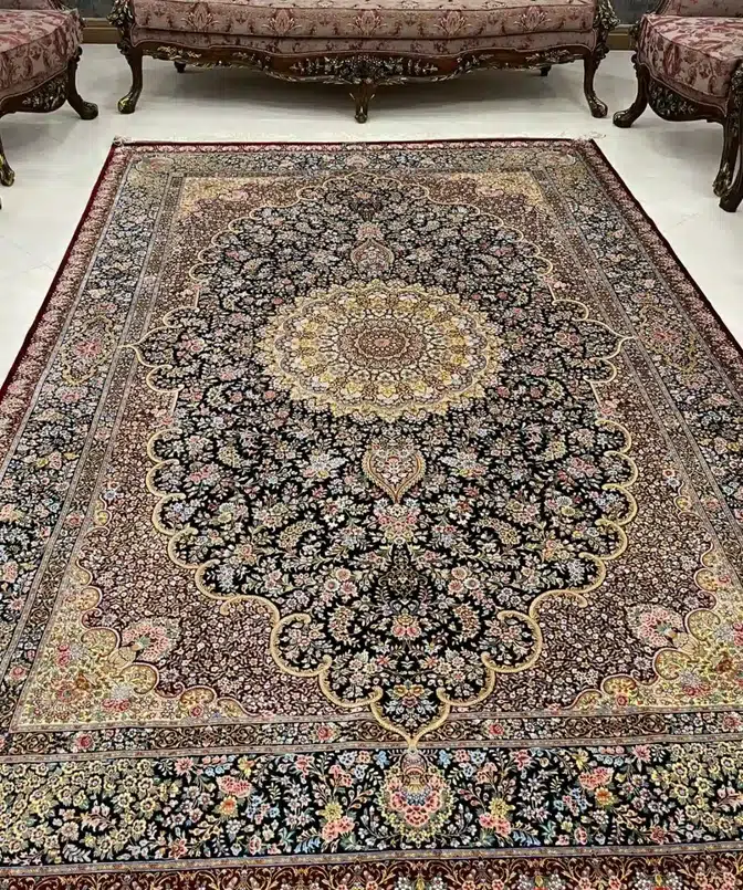 Midnight Grand Rosette handmade Qom pure silk carpet featuring a majestic six-square-metre scalloped medallion surrounded by a lavish Shah Abbasi floral garden and multi-layered borders