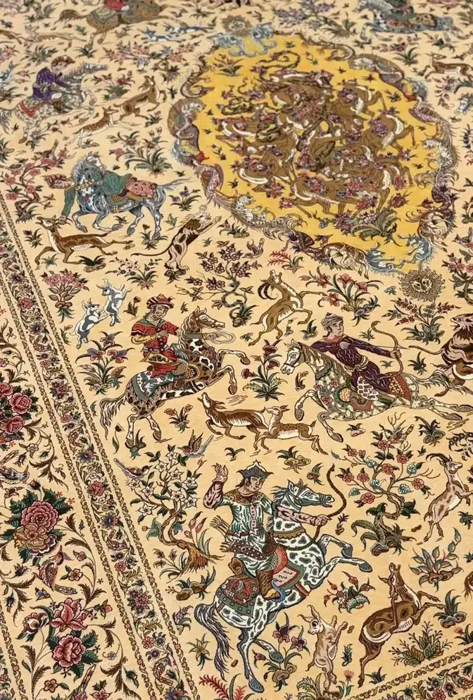 Ivory Imperial Hunt handmade Qom pure silk carpet featuring an expansive royal hunting narrative arranged around a radiant golden medallion