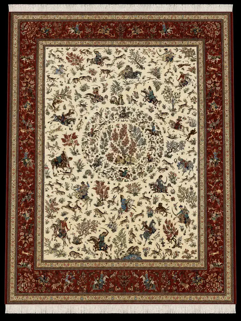 Ivory Grand Royal Hunt handmade Qom pure silk carpet featuring a monumental courtly hunting panorama with mounted figures, animals and flowering trees