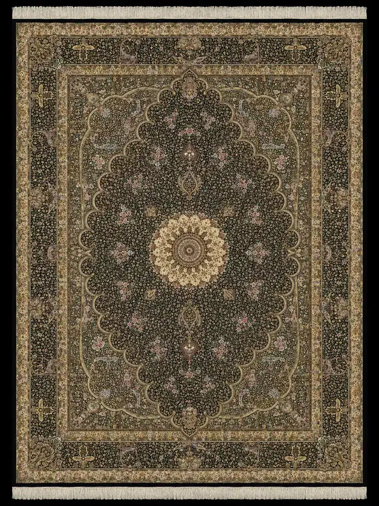 Midnight Palace Rosette handmade Qom pure silk carpet featuring a grand scalloped rosette surrounded by miniature palace and garden details