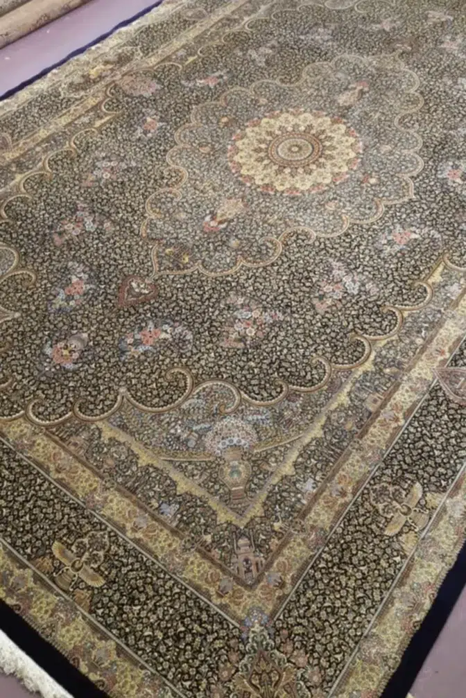 Midnight Palace Rosette handmade Qom pure silk carpet featuring a grand scalloped rosette surrounded by miniature palace and garden details