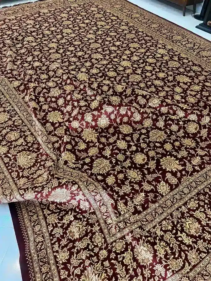 Crimson Shah Abbasi Garden handmade Qom pure silk carpet featuring an immense all-over field of Shah Abbasi blossoms and refined scrolling arabesques