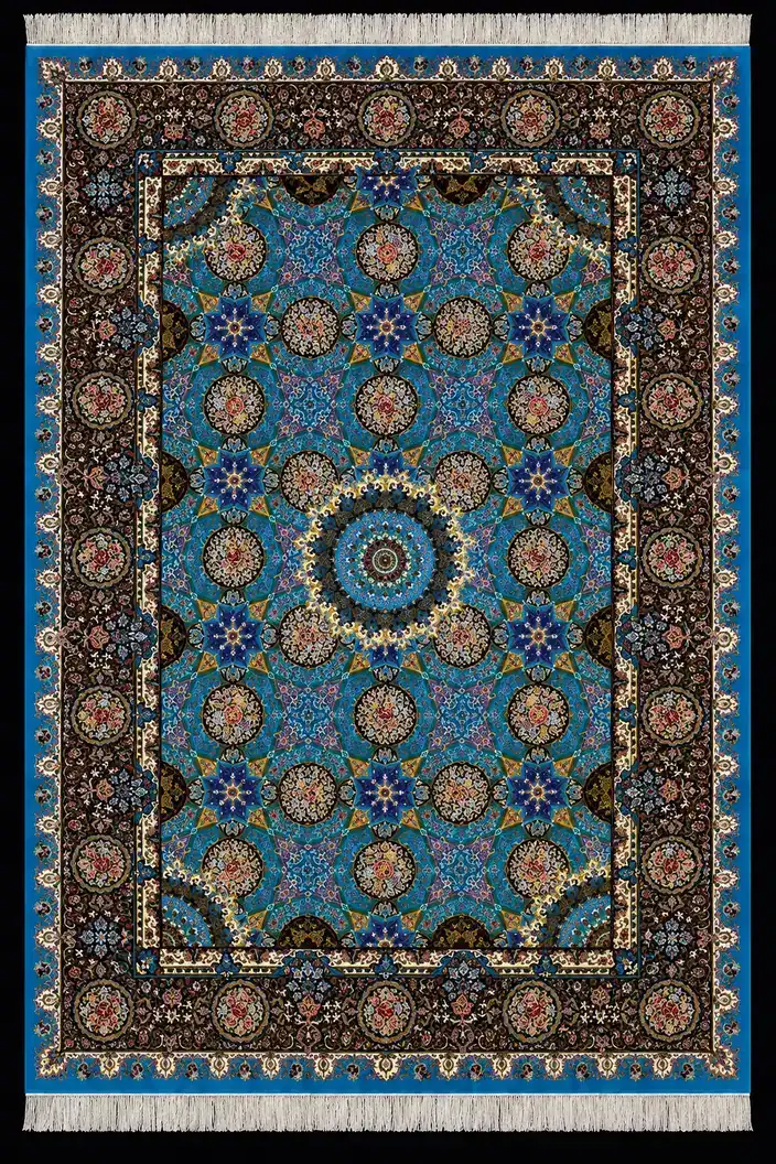 Azure Mosaic Rosette handmade Qom pure silk carpet featuring a geometric mosaic of floral roundels and star forms centred on an azure rosette