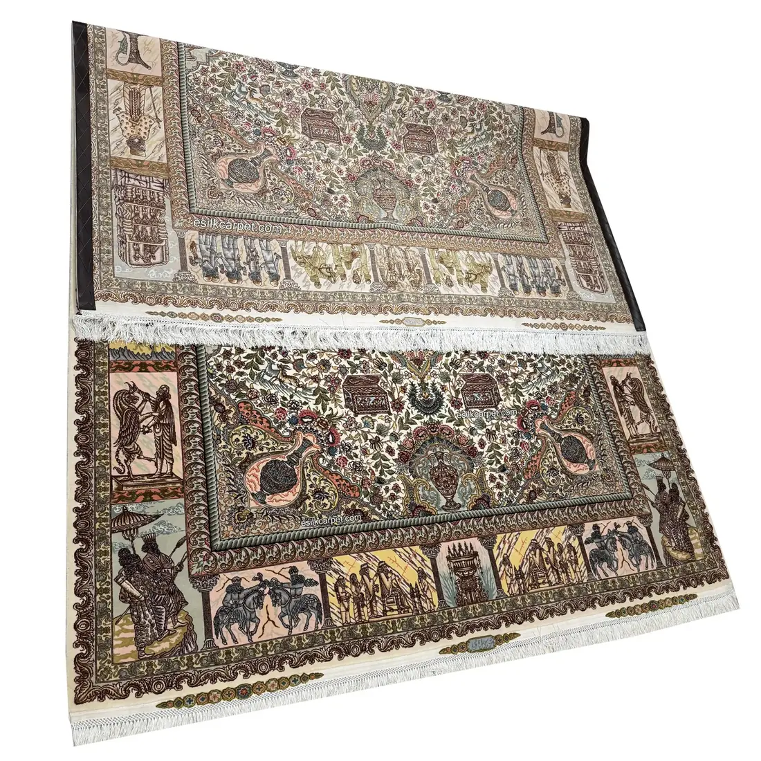 PRR-PS-070 Persian silk rug: folded view showing the pictorial border and fringes