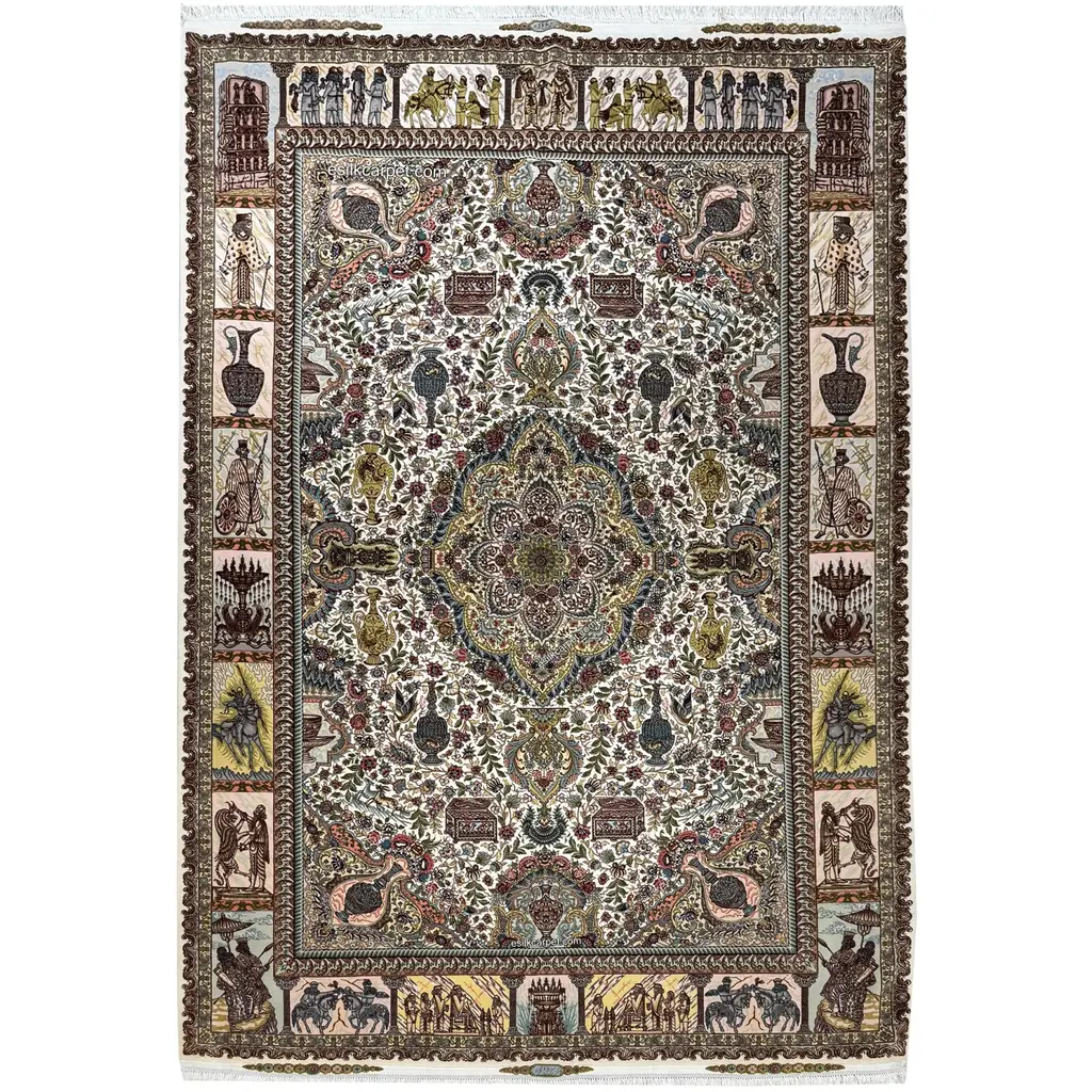 PRR-PS-070 Persian silk rug: full view of the ivory field, floral medallion and pictorial border